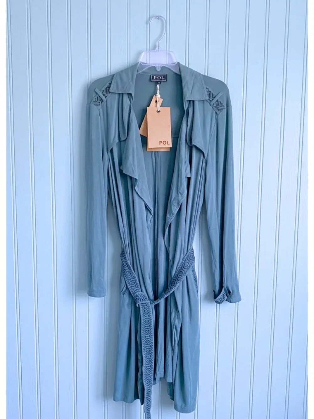 POL Lightweight Embroidered Aztec Teal Midi Trench Duster Coat Size - Small NEW - Picture 2 of 7
